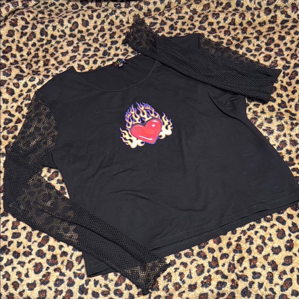 Black Long Sleeve Top with Heart and Flames